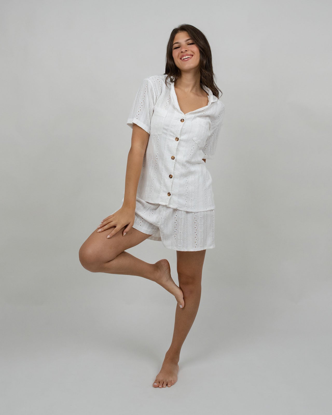 White Broderie Button-Down Pyjama Set