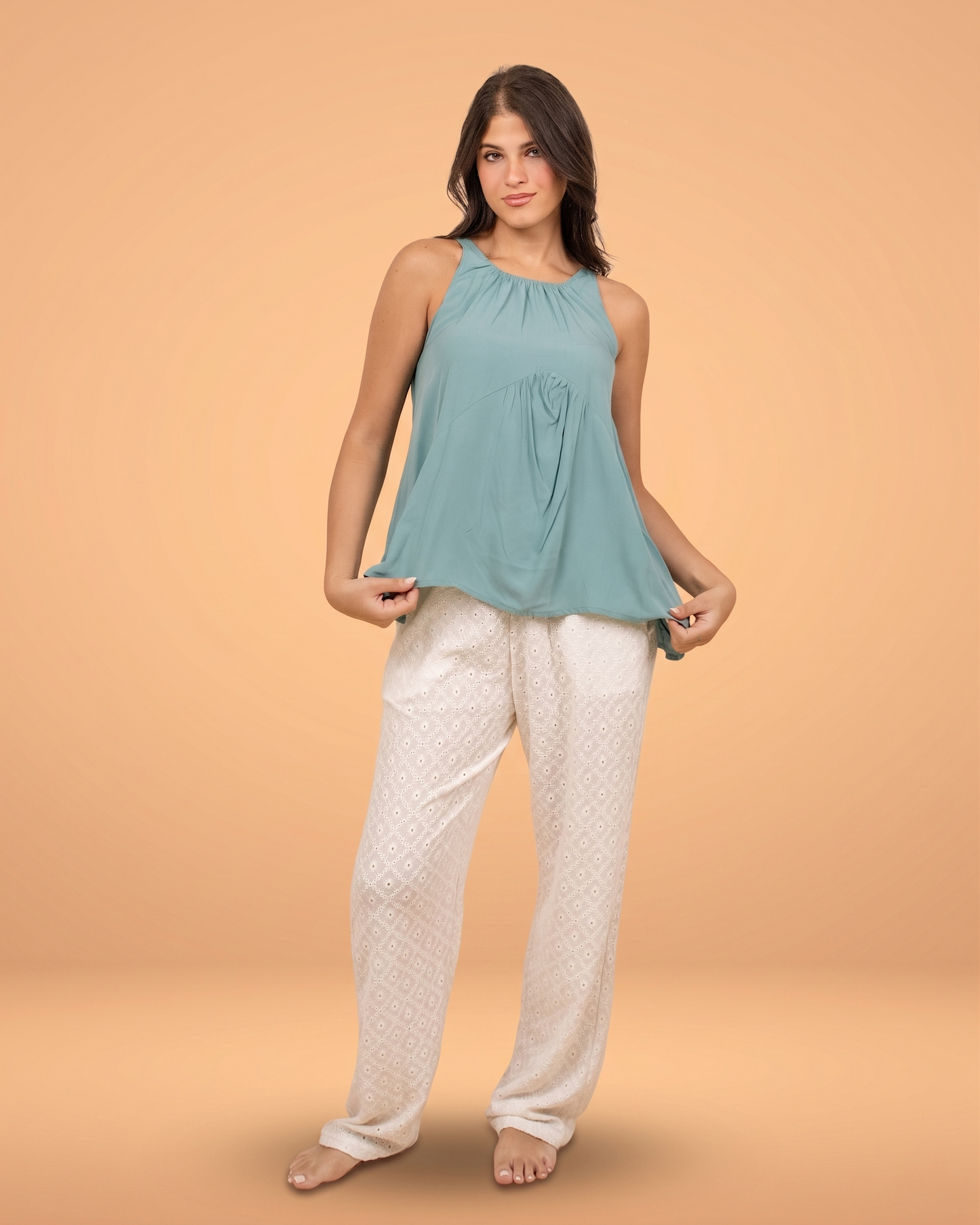 Mint green Cotton Top & White Printed Cotton Pants