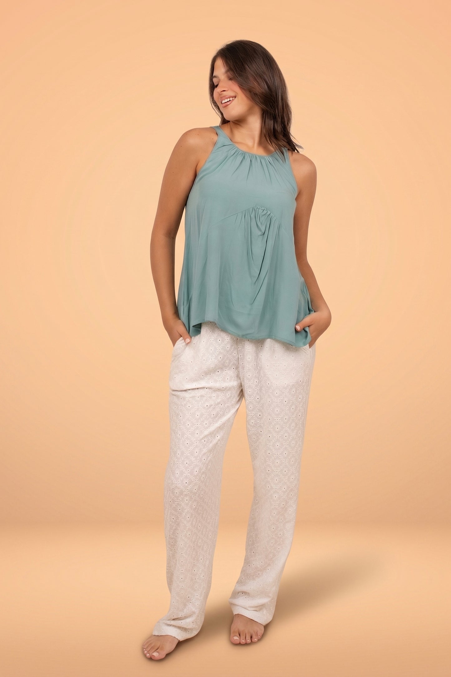 Mint green Cotton Top & White Printed Cotton Pants