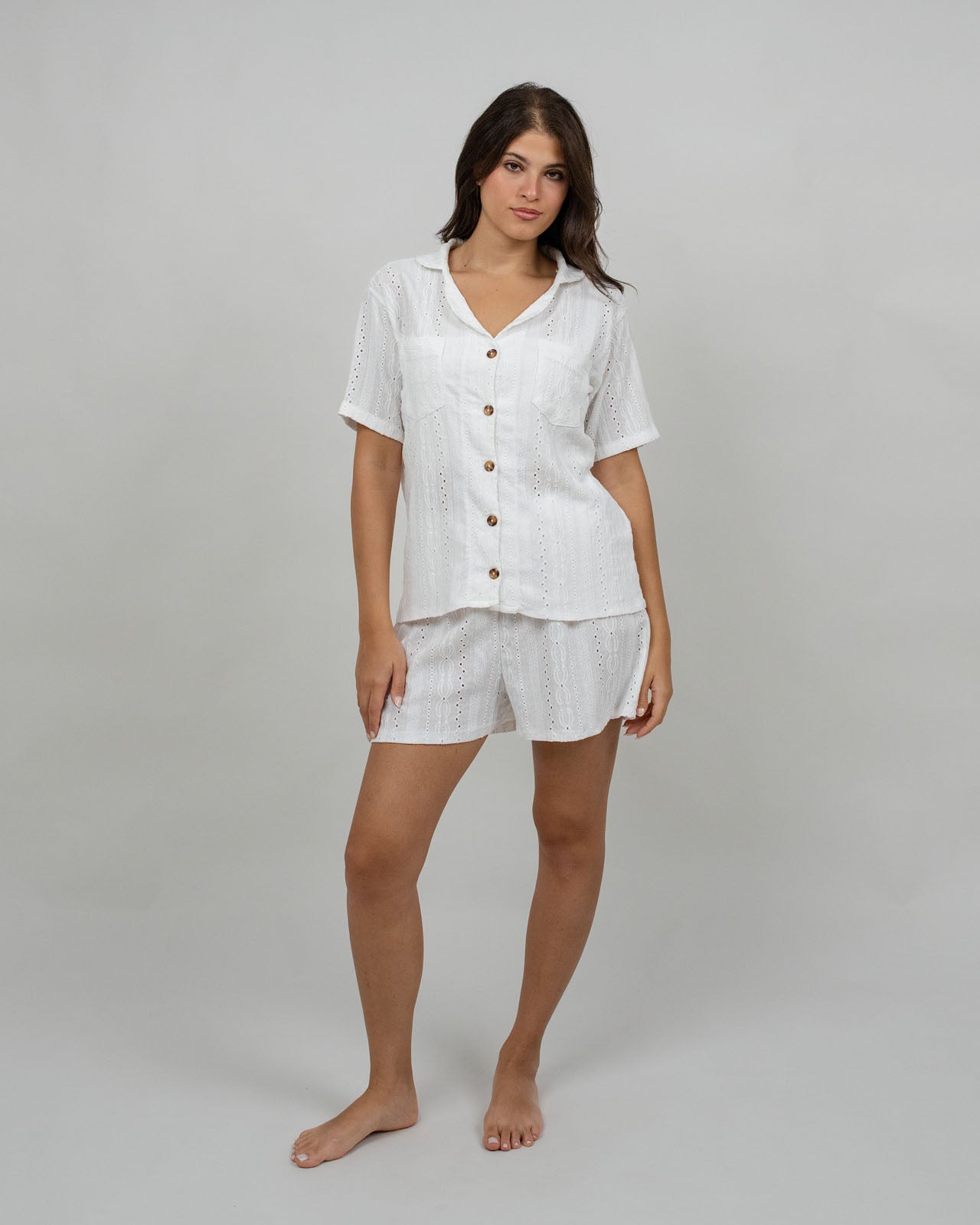 White Broderie Button-Down Pyjama Set