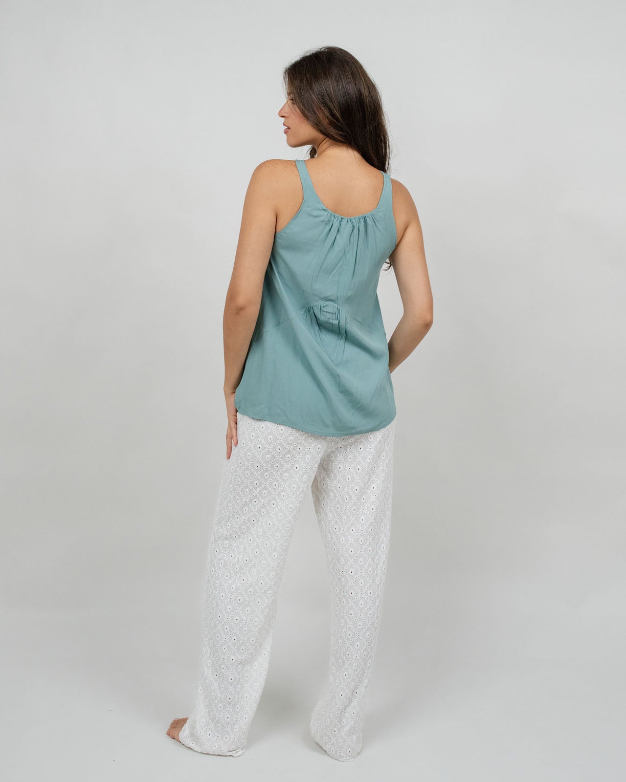 Mint green Cotton Top & White Printed Cotton Pants