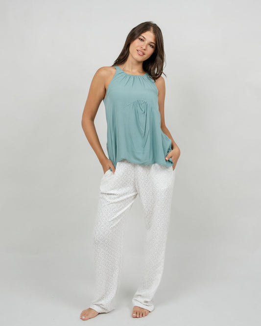 Mint green Cotton Top & White Printed Cotton Pants