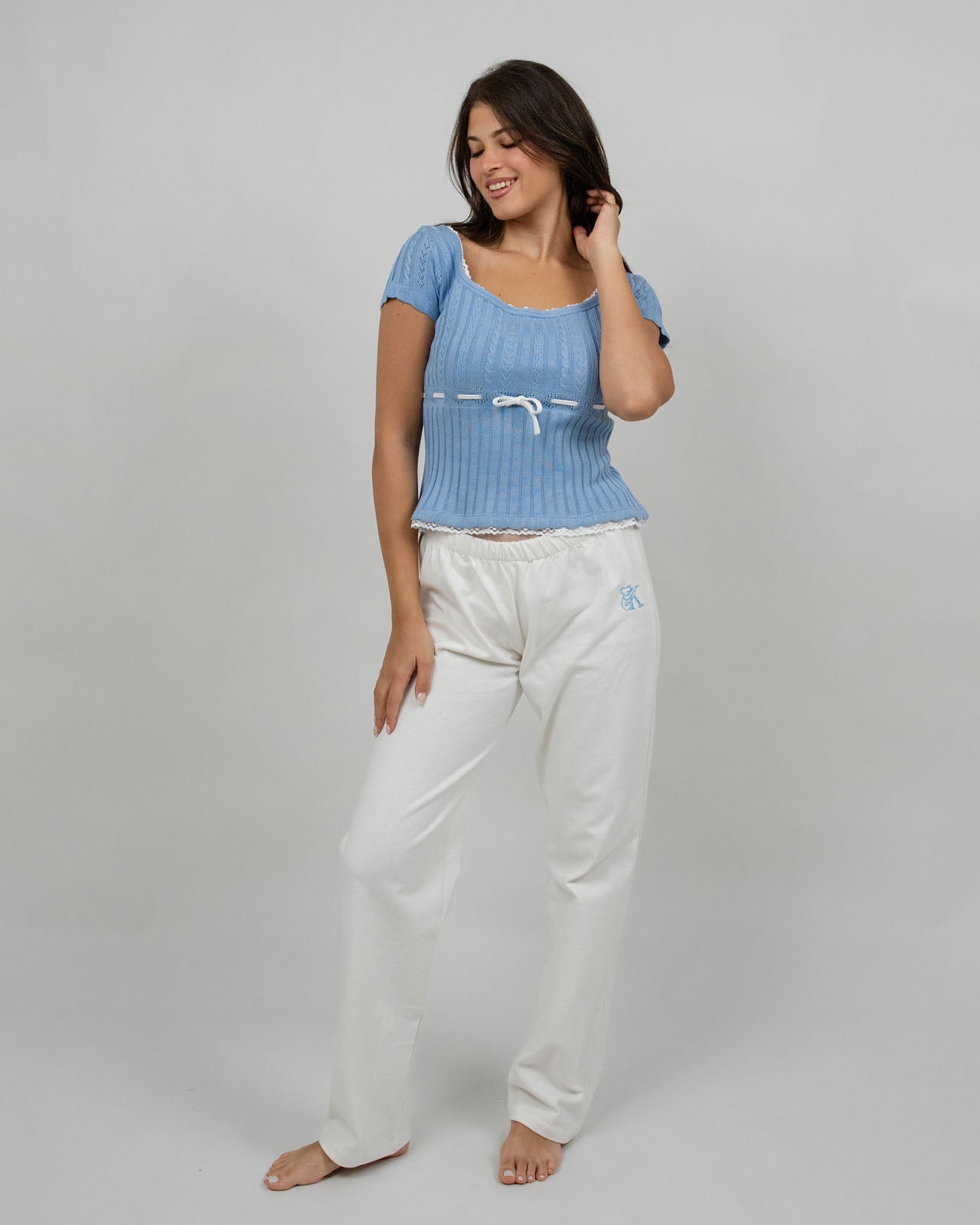 Sky Blue Tricot Top & Off-White Cotton Pants Set