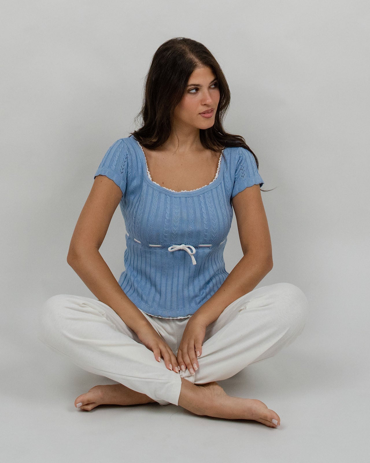 Sky Blue Tricot Top & Off-White Cotton Pants Set