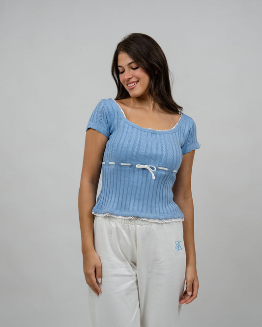 Sky Blue Tricot Top & Off-White Cotton Pants Set