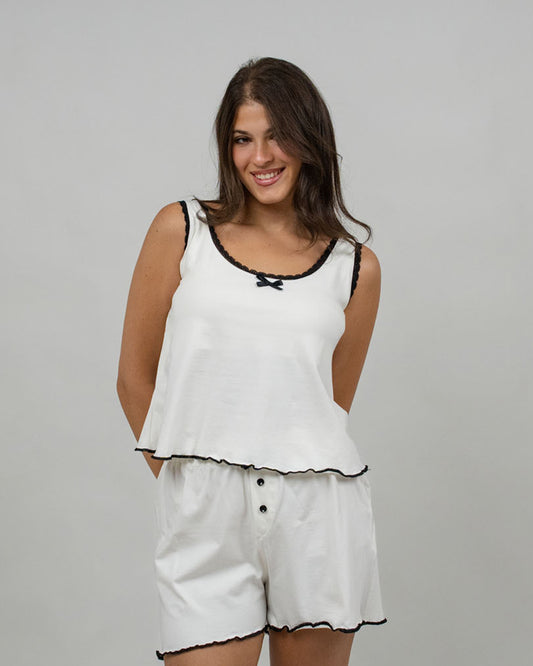 White & Black Lace-Trimmed Cotton Pyjama Set