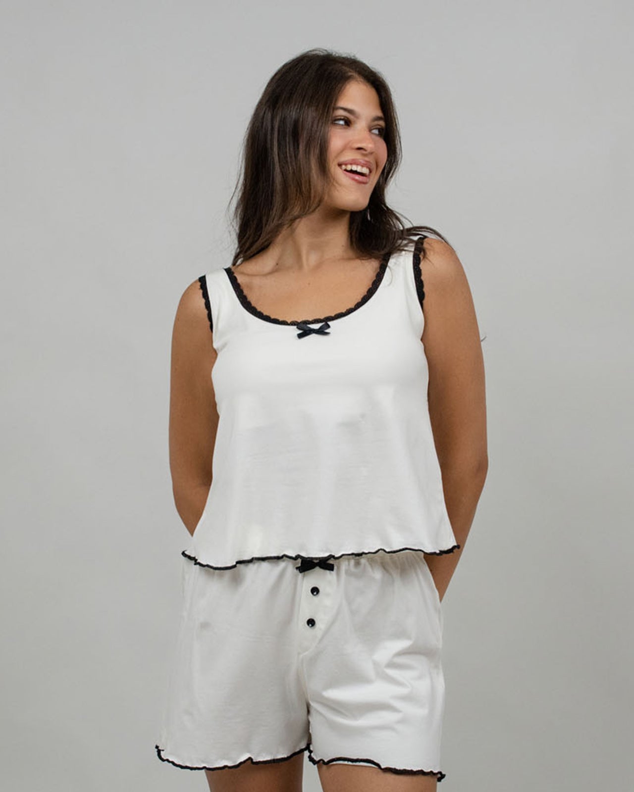 White & Black Lace-Trimmed Cotton Pyjama Set