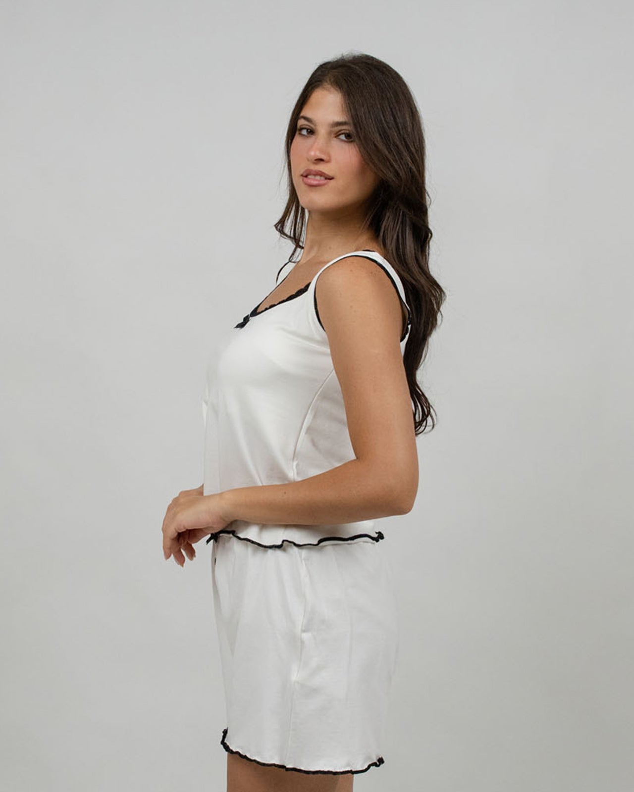 White & Black Lace-Trimmed Cotton Pyjama Set